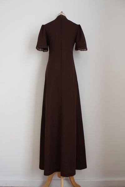 VINTAGE HIGH COLLAR MAXI DRESS BROWN - SIZE 8