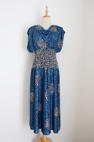 VINTAGE PRINTED DRAPED DRESS BLUE - SIZE 12