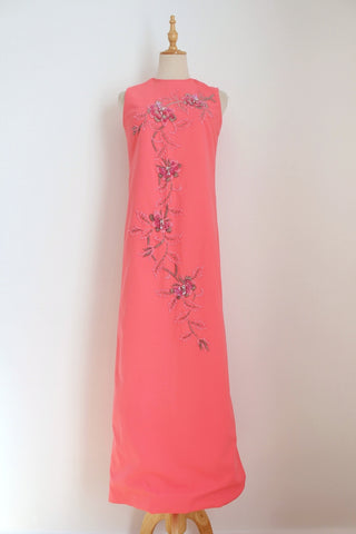 VINTAGE BEADED SLEEVELESS MAXI DRESS PINK - SIZE 6