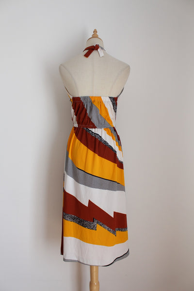 VINTAGE STRIPED HALTER DRESS BROWN - SIZE 8