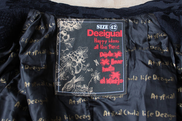 DESIGUAL CHENILLE FLORAL COAT BLACK - SIZE 6