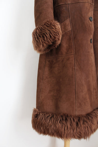 VINTAGE GENUINE SHEEPSKIN COAT BROWN - SIZE 14