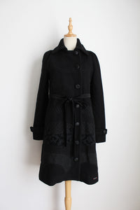 DESIGUAL PATCHWORK BELTED COAT BLACK - SIZE 8