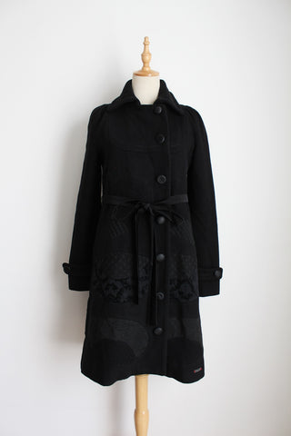 DESIGUAL PATCHWORK BELTED COAT BLACK - SIZE 8