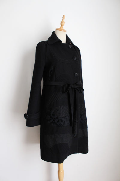 DESIGUAL PATCHWORK BELTED COAT BLACK - SIZE 8