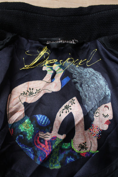 DESIGUAL PATCHWORK BELTED COAT BLACK - SIZE 8