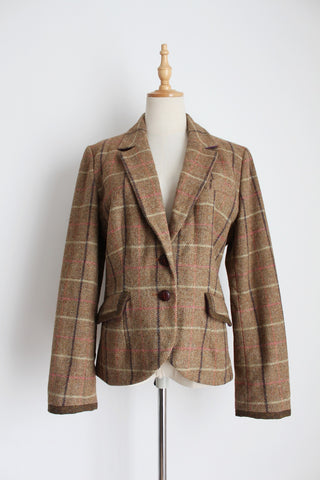 BODEN TWEED WOOL PLAID BLAZER BROWN - SIZE 12