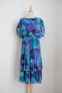 VINTAGE TIERED PLEATED DRESS PURPLE BLUE - SIZE 12