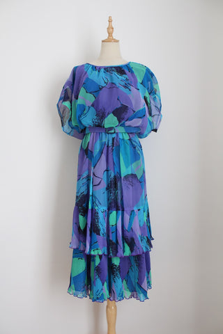 VINTAGE TIERED PLEATED DRESS PURPLE BLUE - SIZE 12
