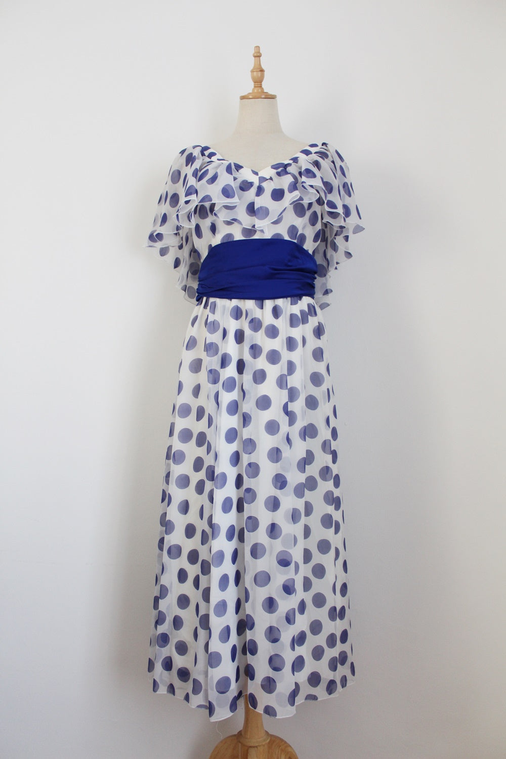 VINTAGE POLKA DOT CHIFFON DRESS WHITE BLUE - SIZE 8