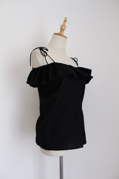VINTAGE RUFFLE STRAPPY TOP BLACK - SIZE 6