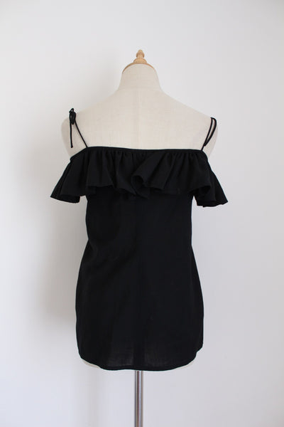 VINTAGE RUFFLE STRAPPY TOP BLACK - SIZE 6
