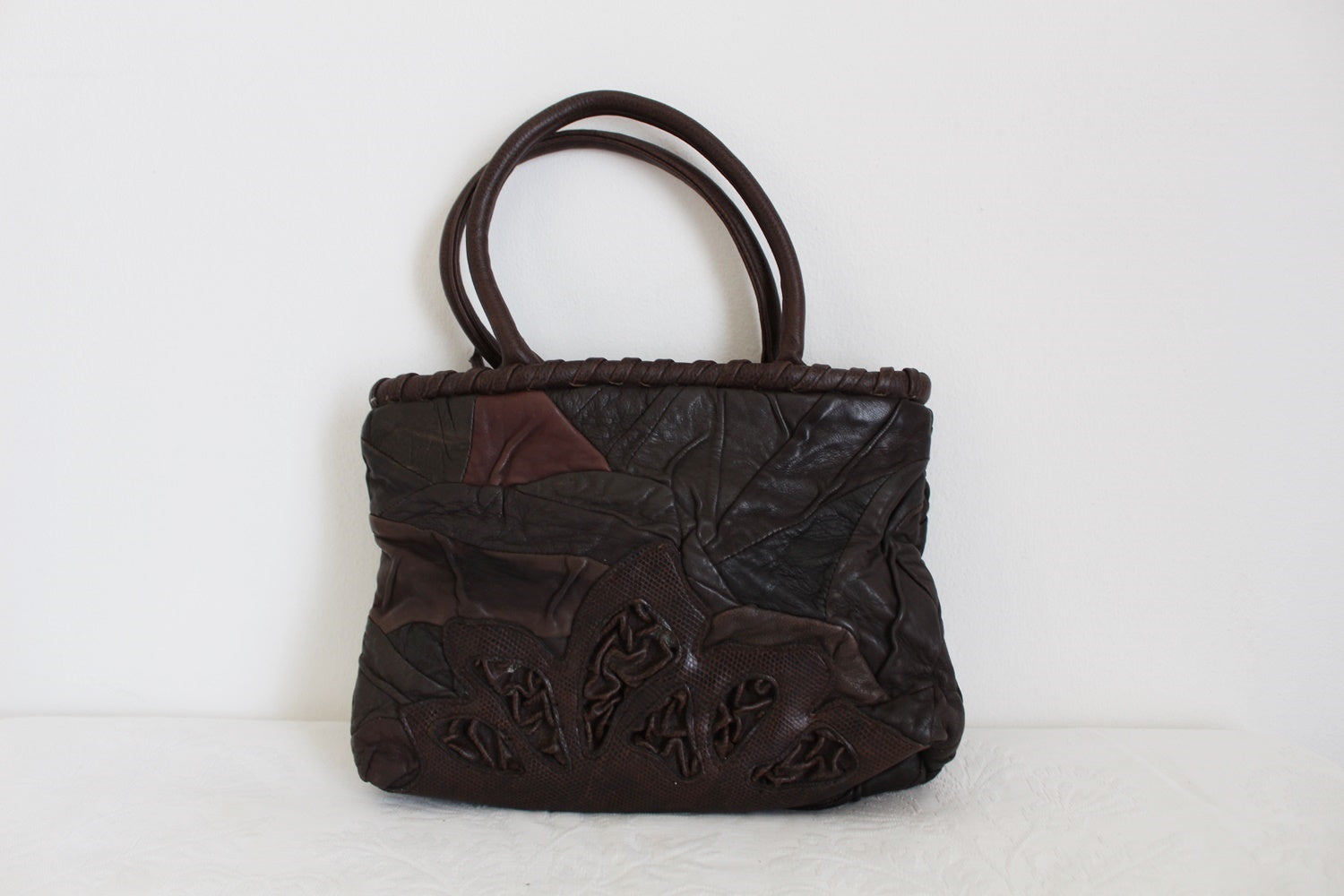 VINTAGE GENUINE LEATHER PATCH RUCHED HANDBAG