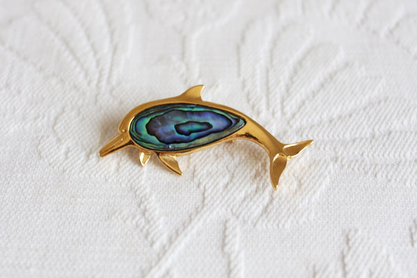 VINTAGE ABALONE SHELL GOLD TONE DOLPHIN BROOCH