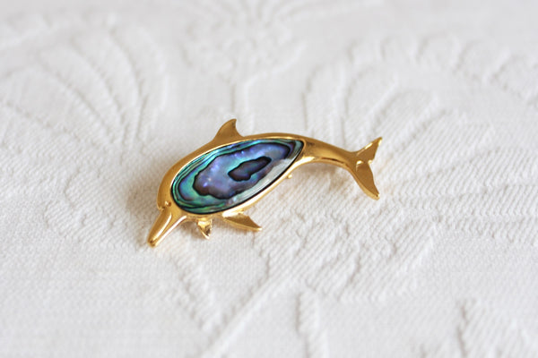 VINTAGE ABALONE SHELL GOLD TONE DOLPHIN BROOCH