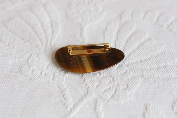 VINTAGE TIGERS EYE GEM STONE POLISHED BROOCH
