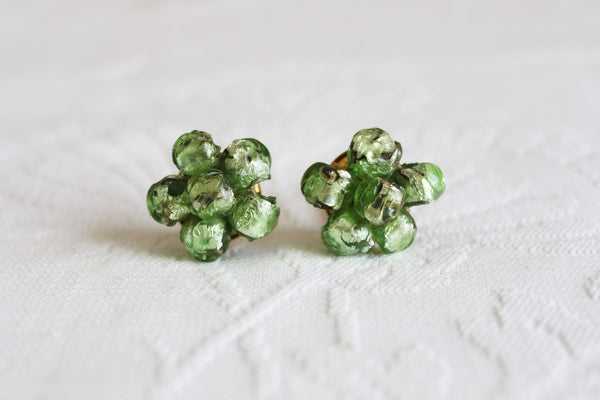 VINTAGE GREEN GLASS BEADED CLUSTER CLIP-ONS