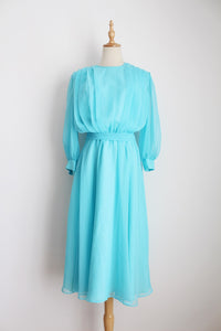 VINTAGE PLEATED TIE WAIST COCKTAIL DRESS BLUE - SIZE 8