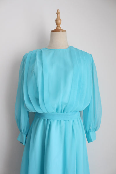VINTAGE PLEATED TIE WAIST COCKTAIL DRESS BLUE - SIZE 8