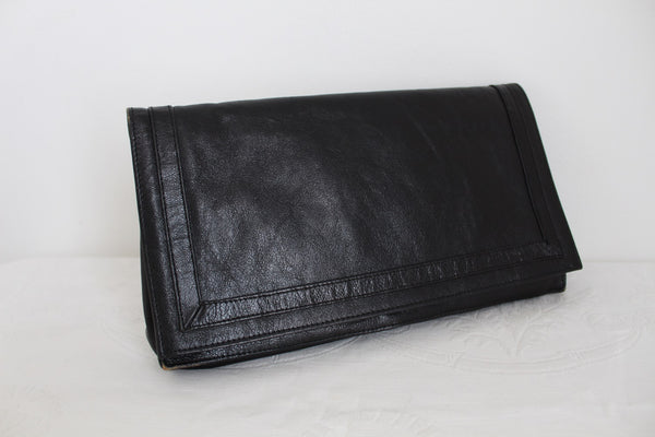 VINTAGE GENUINE LEATHER LARGE CLUTCH BAG BLACK