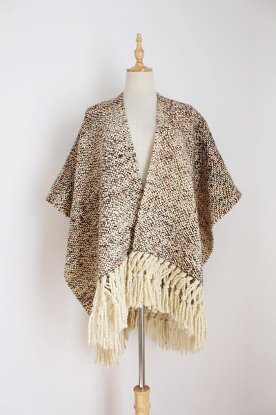 VINTAGE WOOL FRINGED PONCHO CREAM BROWN - ONE SIZE