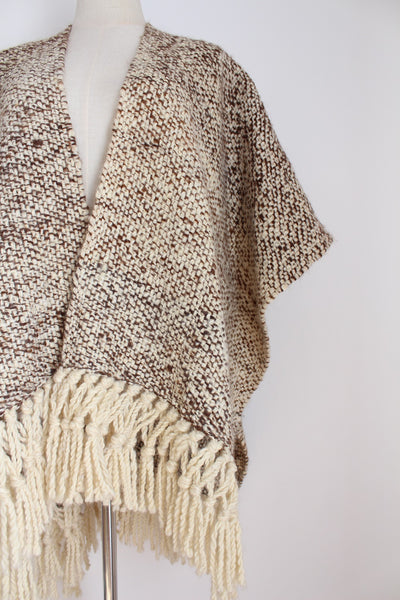 VINTAGE WOOL FRINGED PONCHO CREAM BROWN - ONE SIZE