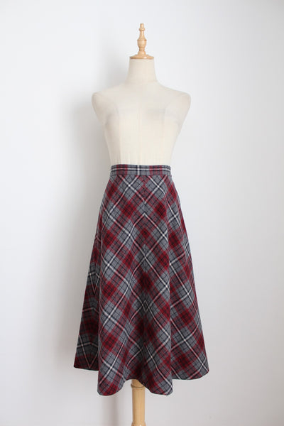 VINTAGE PLAID A-LINE SKIRT GREY RED - SIZE 6